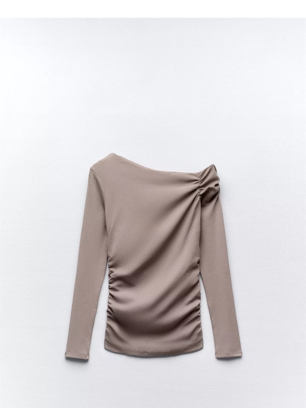 Zara Taupe Asymmetric Ruched Long-Sleeve Top
